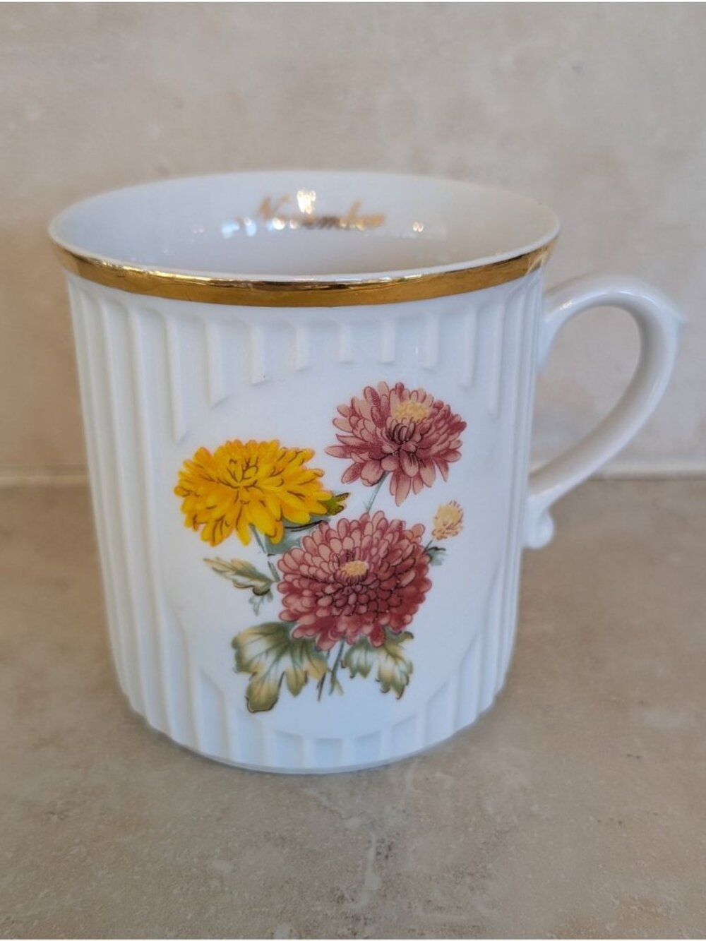 Vintage Porcelain Coffee Mug November Chrysanthemum Gold Accent Birthday